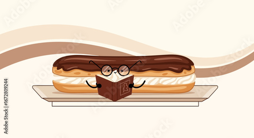 Eclair Character Wearing Glasses Reading A Book On A Platter With A Friendly, Cute Smile