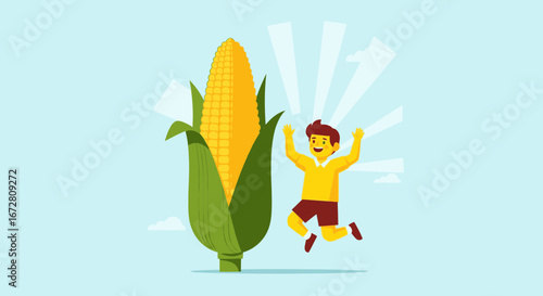 Excited Child Celebrates Beside a Giant Corn on the Cob Harvest Harvest Season Delight