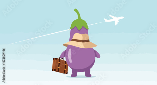 Eggplant Character Ready For Vacation Traveling With A Suitcase And Airplane Vector