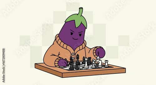 Eggplant Dressed In Cardigan Concentrating On Chess Game Strategy And Tactics
