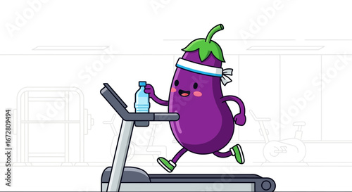 Eggplant Embodies Fitness On Treadmill Conveying Health And Wellness Lifestyle.