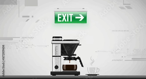 Exiting The Routine: Coffee Machine And Exit Sign Symbolize A Moment Of Coffee Break Freedom