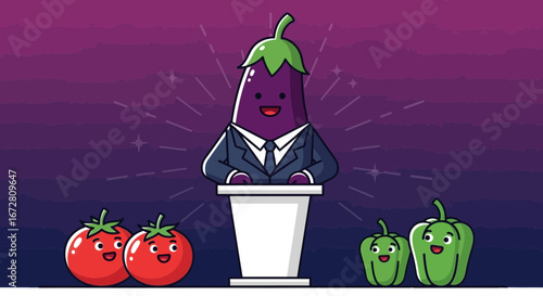 Eggplant's Speech: A Vegetable Leader Addresses Smiling Tomatoes And Peppers Politely