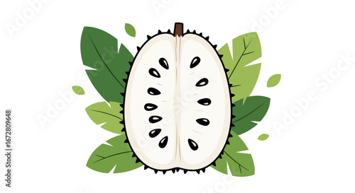 Exotic Annona Fruit Sliced With Leaves, Botanical Illustration, Healthy Food and Nutrition