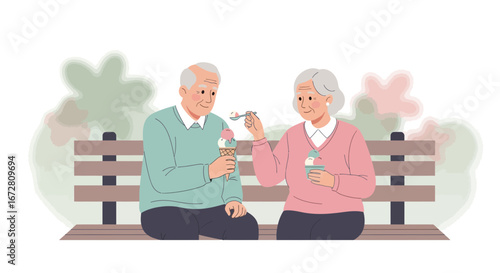 Elderly Couple Enjoying Sweet Treat Of Ice Cream On A Bench, Illustrative Vector Design