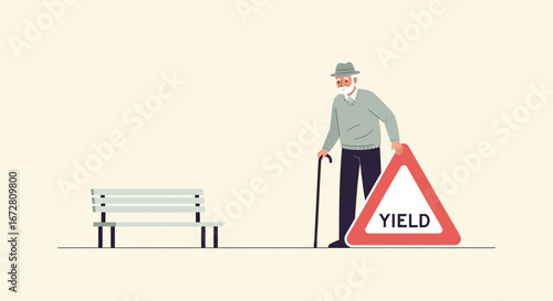 Elderly Man with Yield Sign Near a Bench Conceptualizing Age and Cautionary Measures
