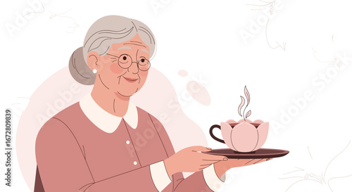 Elderly Woman Offers Floral Tea, Symbolizing Comfort and Serenity With Gentle Presentation