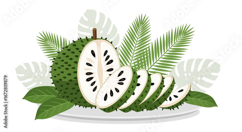 Exotic Soursop Fruit Display With Tropical Foliage, a Striking And Refreshing Composition