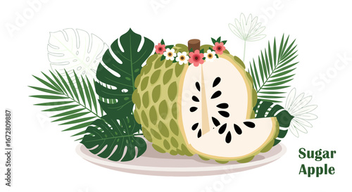 Exotic Sugar Apple Decorated With Tropical Foliage And Small Flowers On A Plate