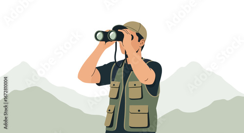 Explorer Gazing At Mountains With Binoculars From A High Vantage Point