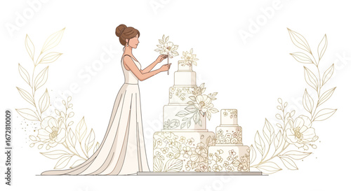 Elegant Bride Embellishes Wedding Cake With Floral Decoration And Stylish Touches