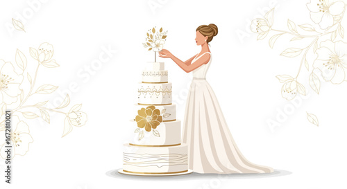 Elegant Bride Adds Floral Decor to a Luxurious Wedding Cake on White Background