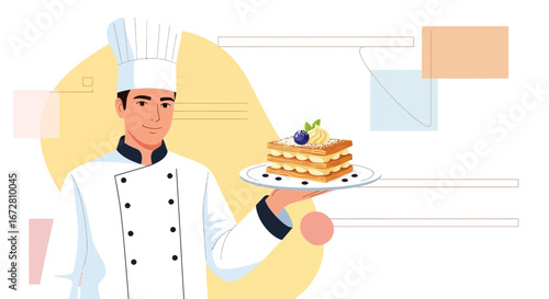Elegant Chef Presents Delicious Dessert, Perfect For Culinary Blogs And Sweet Shops