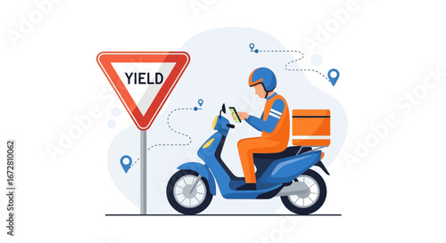 Express Delivery Rider Using Navigation System on Scooter Near Traffic Sign
