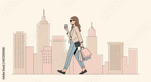 Elegant City Stroll: Fashionable Woman Enjoying Shopping and a Coffee Break