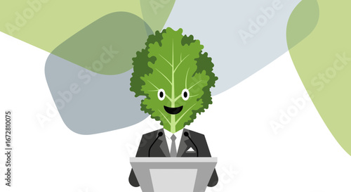 Expressive Lettuce Presenting Behind a Podium With Abstract Background