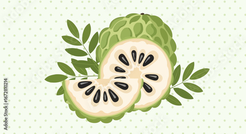 Exquisite Illustration Of A Freshly Cut Custard Apple Fruit With Leaves