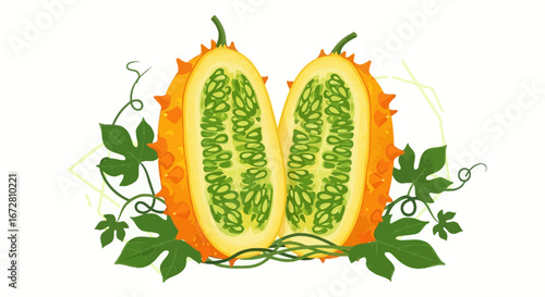 Exquisite Kiwano Halves Displayed With Lush Green Foliage On Clean Background