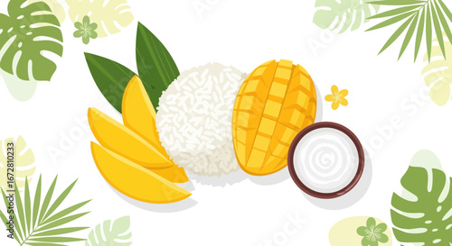 Exquisite Mango Sticky Rice Illustration Featuring Tropical Fruits and Decorative Elements
