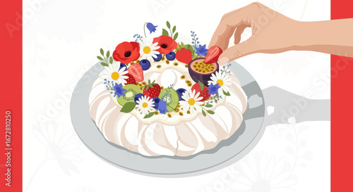 Exquisite Pavlova Dessert with Delicate Flowers and Fresh Fruits, Ready to Eat