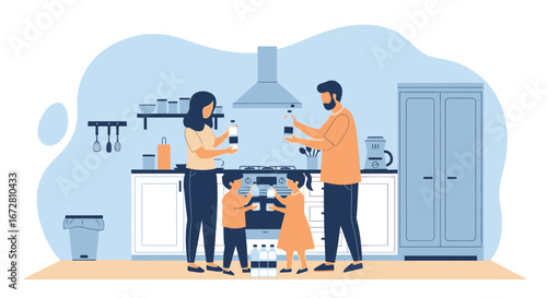 Family Prepares Drinks Together In Modern Kitchen, Sharing Happiness And Daily Joy