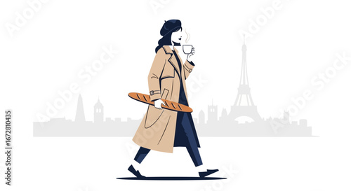 Elegant Parisian Woman Strolling With Baguette And A Coffee, Stylish Illustration
