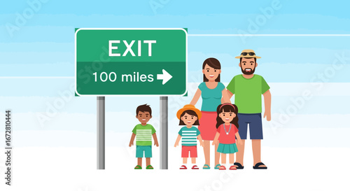 Family Road Trip Anticipation By An Exit Sign, Driving To Their Vacation Location
