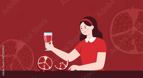 Elegant Pomegranate Celebration: Woman Tasting a Glass of Juice or Wine in Crimson Theme
