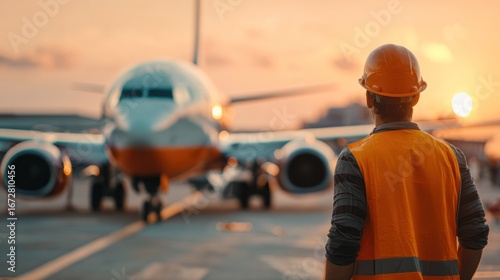 Airport worker observing plane sunset