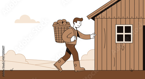Farmer Arriving at Wooden Shed with Potatoes in a Woven Basket Illustrative Design
