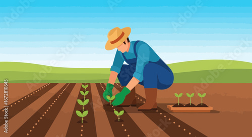 Farmer Carefully Planting Fresh Sprouts In A Field Under A Bright Sunny Sky