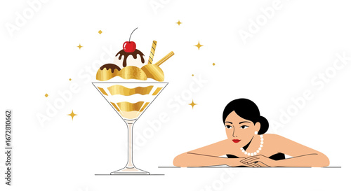 Elegant Woman Admiring Luxurious Dessert Served In A Sophisticated Martini Glass