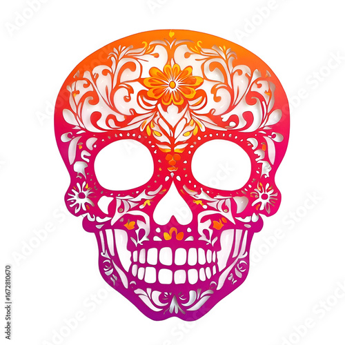 Colorful sugar skull with floral decoration isolated on transparent background, traditional Dia de los Muertos Mexican art, festive skull illustration design

