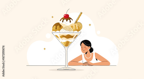 Elegant Woman Appreciating A Giant Sundae, a Delicious Concept, Minimalist Illustration