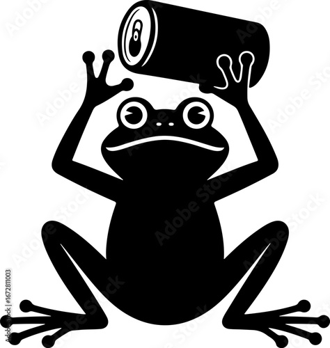 Whimsical black silhouette of a frog raising a refreshing beverage can overhead, a playful amphibian illustration for diverse design concepts