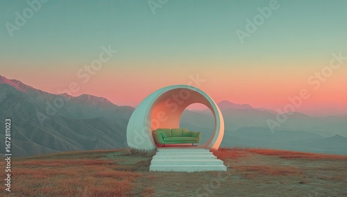 Surreal scenic view with couch inside a concrete arch at sunset
