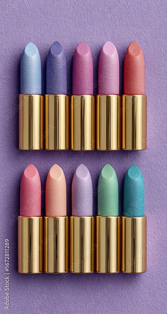Obraz premium Ten pastel lipsticks, gold casings, purple background