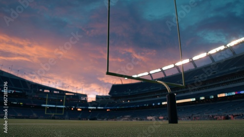 Football goalpost on empty stadium field under dramatic sunset lighting.
