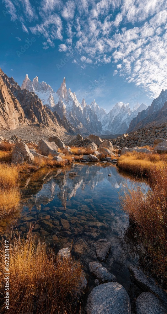 Fototapeta premium Still, clear lake reflecting majestic mountains under a vibrant sky