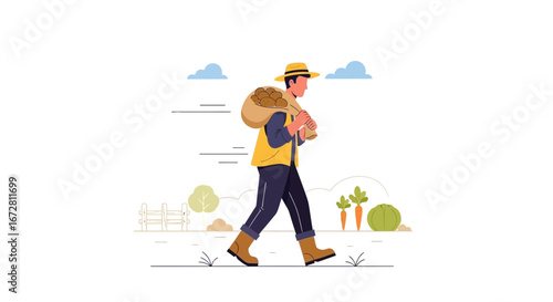 Farmer Carrying Harvested Crops Across Land in Flat Vector Illustration