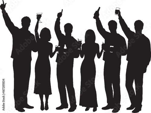 Diverse Group Silhouette Celebrating Party with Raised Arms and Drinks