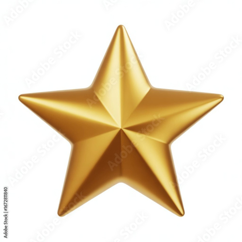 Golden 3D shining star with glowing effect, isolated on white background, symbolizing Christmas night, festive spirit, and decoration topper.