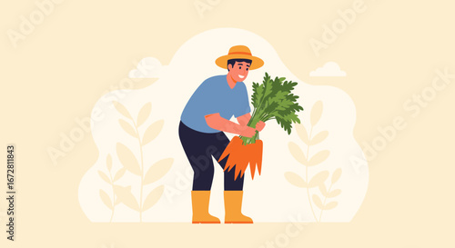 Farmer Celebrating Harvest of Giant Carrots with Cheerful Expression in Garden