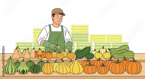 Farmer Checking Freshly Harvested Pumpkins and Gourds Ready for Sale and Consumption