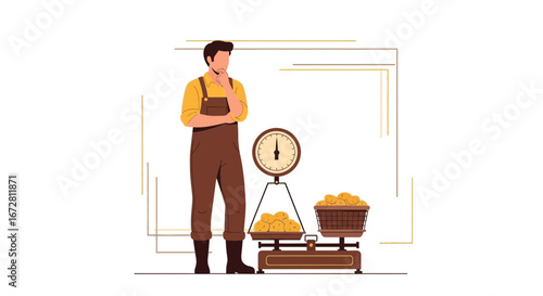 Farmer Contemplating Harvest Yield Next to Scales, Examining His Potato Crop Quantities