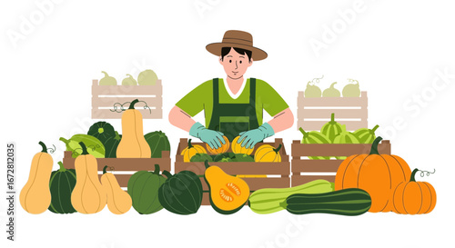 Farmer Displaying Colorful Harvest Vegetables in Crates on White Background Perfectly