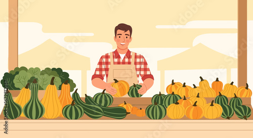 Farmer Displaying Fresh Harvested Pumpkins And Zucchinis At The Local Farmers'Market