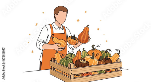 Farmer Displays A Variety Of Pumpkins In Wooden Crate Ready For Autumn Harvest Season