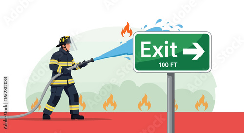 Firefighter Extinguishing Blaze Near Exit Sign With 100 Feet Distance To Safety
