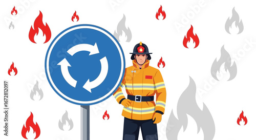 Firefighter In A Roundabout Emergency Situation Illustration Fire Safety Concept